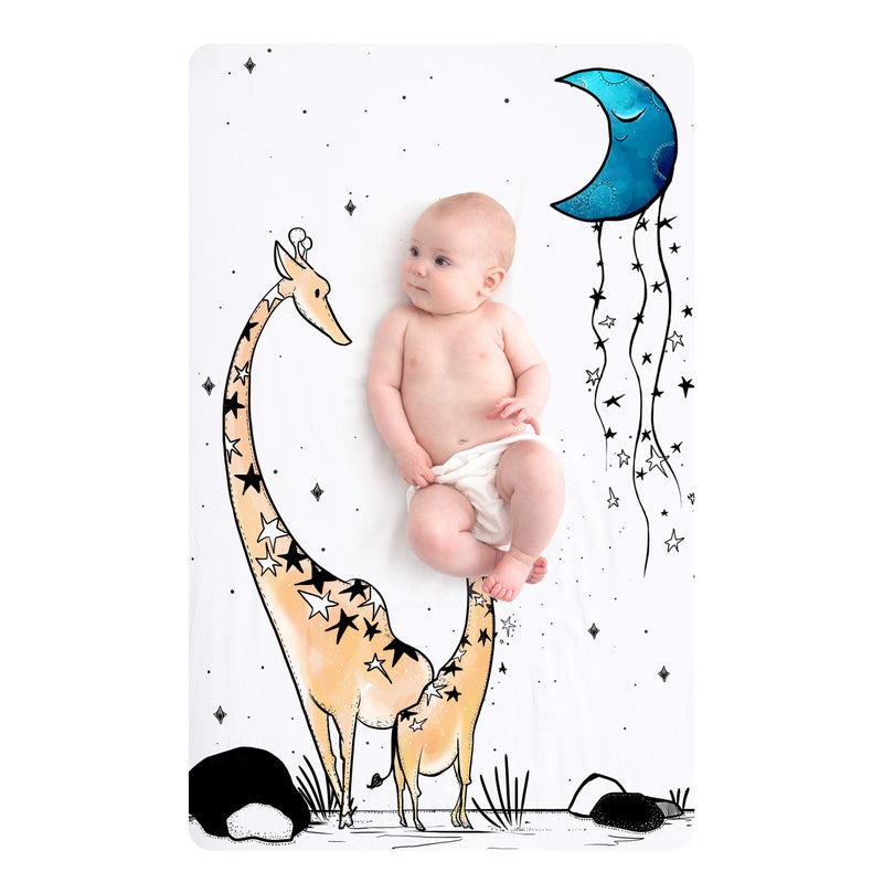 JumpOff Jo â€“ Fitted Mini Crib Sheet (24 x 38 x 5 Inches) - Fits Portable Crib, Playard, and Playpen Mattresses and Mats - Soft 100% Cotton â€“ Giraffe & A Calf - Image 1